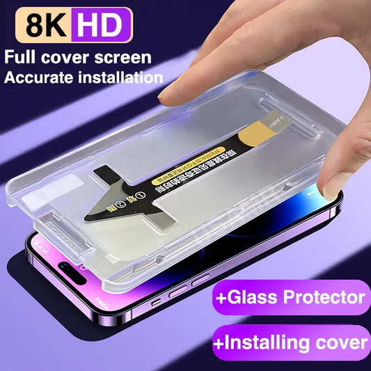 8K High End Tempered Glass For iPhone 15 14 13 12 11 Pro Max XS MAX X XR 15 Plus Screen Protector With Alignment Mounting Cover